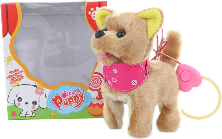 Perrito de peluche con pañuelo con correa, camina y ladra, 16 cm