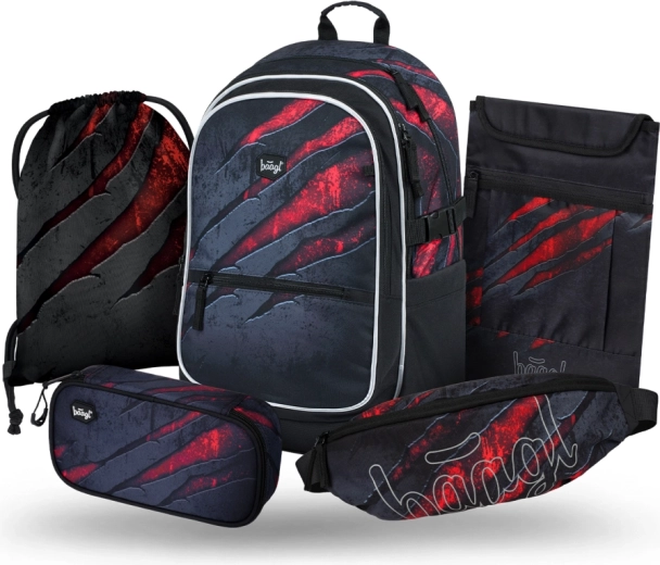 Set escolar Baagl Core Lava: mochila, estuche, bolsa para calzado, riñonera y funda para portátil