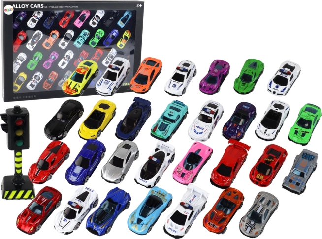 Set de modelos de coches de aluminio en caja, 30 piezas: coches deportivos y de policía