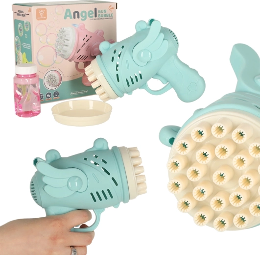 Pistola eléctrica azul para hacer pompas de jabón con alas