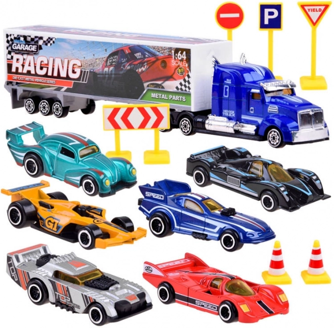 Set de cochecitos metálicos de carreras con señales de tráfico