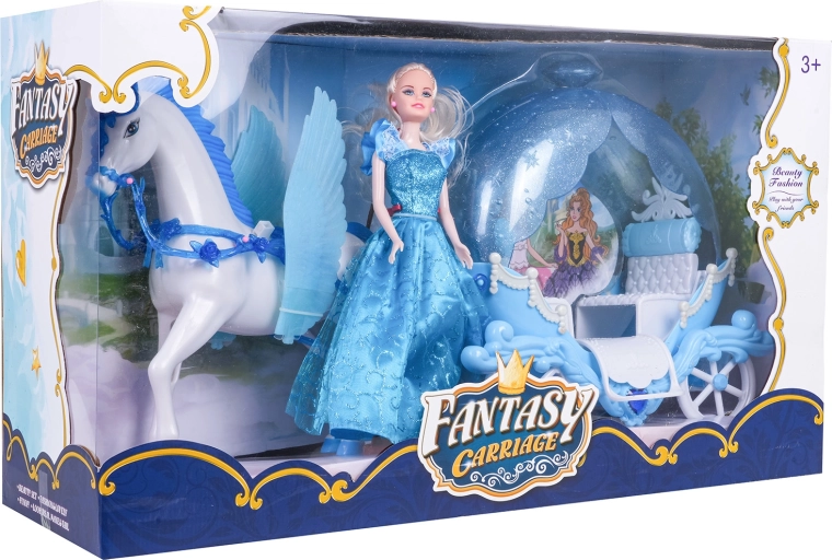 Carruaje de cuento de hadas con caballo alado y muñeca