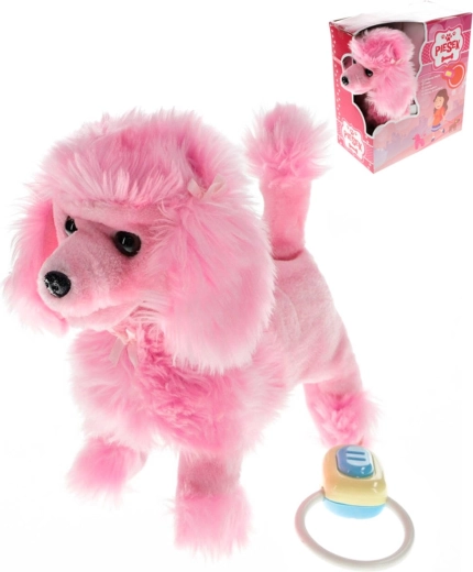 Perrito caniche de peluche rosa con correa y sonido 23 cm