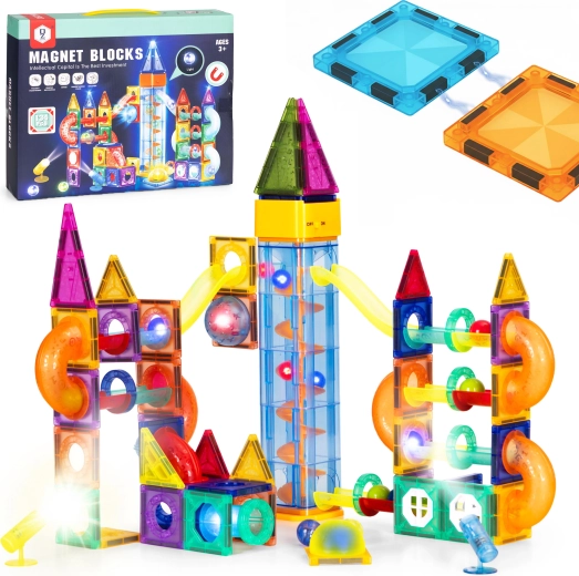 Juego de construcción magnético luminoso con pista de canicas, 134 piezas