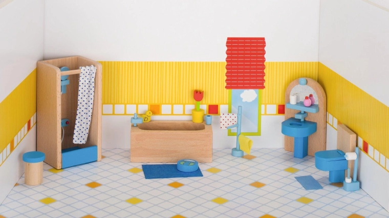 Mueble de baño Goki para casa de muñecas – baño con accesorios
