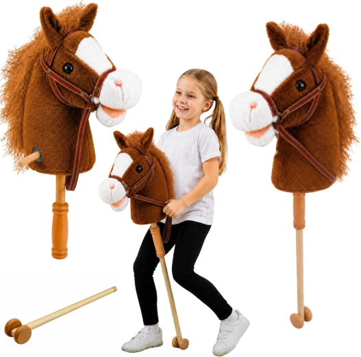 Caballo de hobby en palo con mango de madera, sonidos de galope y relincho, marrón 100 cm