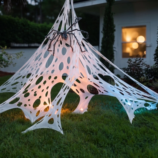 Decoración de telaraña de Halloween con estacas, 1 × 2 m, blanca