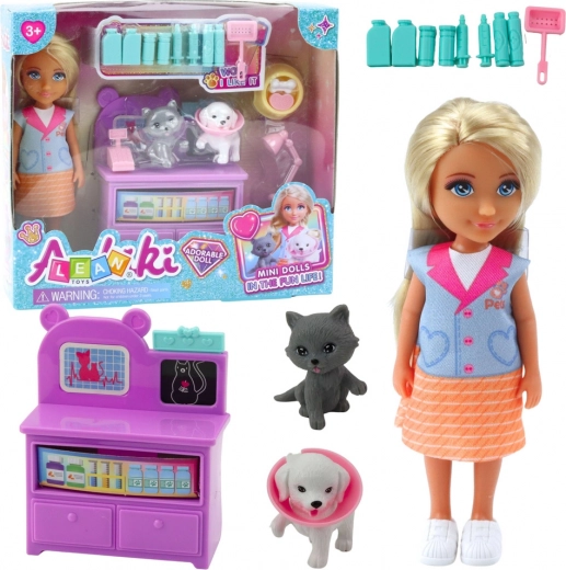 Mini muñeca veterinaria con animales y accesorios