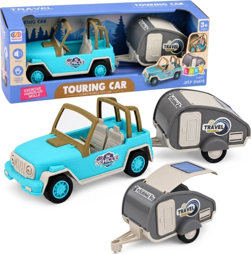 Coche todoterreno con caravana con sonidos – set de viaje azul