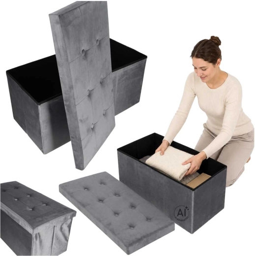 Puf plegable de terciopelo con espacio de almacenamiento gris 77 × 38 × 37 cm