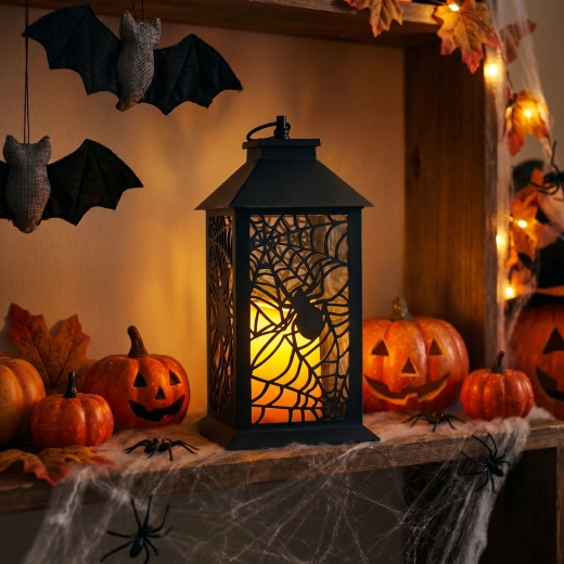 Linterna LED parpadeante de Halloween con araña a pilas