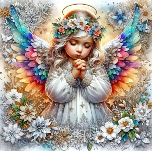 Pintura diamante Angelito con alas arcoíris 30x40 cm