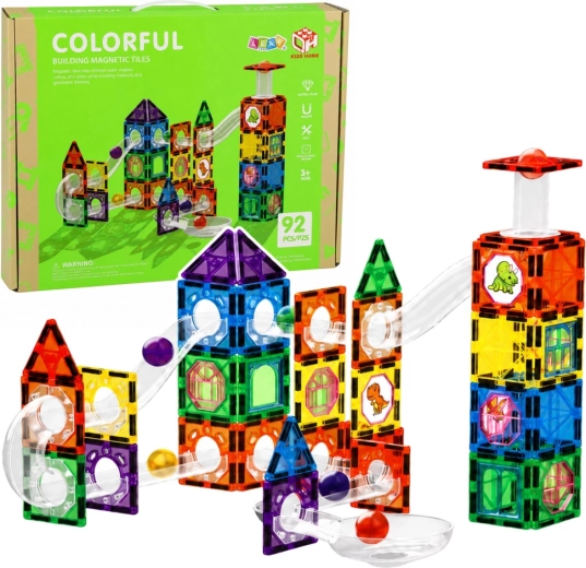 Juego de construcción magnético STEM – pista de canicas con dinosaurios (92 piezas)