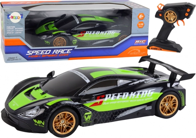 Coche deportivo RC 1:10 verde‑negro con LED y 2,4 GHz