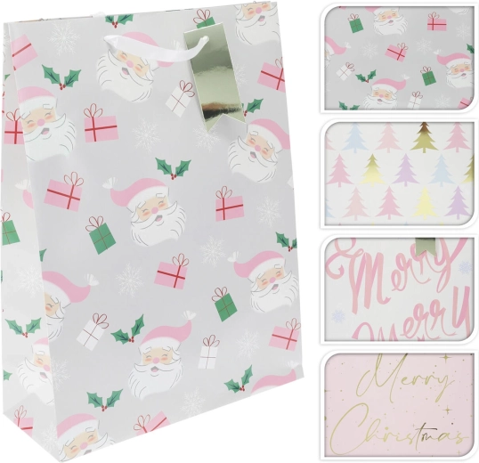 Bolsa de regalo de papel XL navideña rosa, mix de decoraciones 40 × 30 × 12 cm