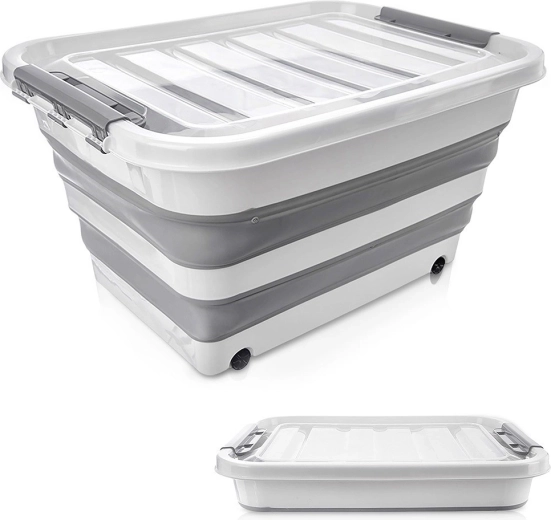 Caja de almacenamiento plegable con ruedas 30 l con tapa transparente KEMP