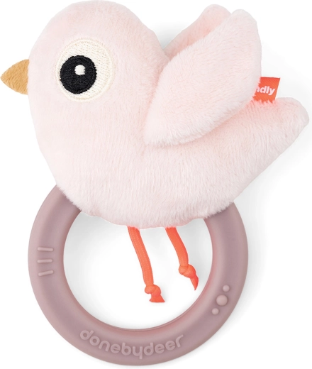 Sonajero sensorial con mordedor Birdee rosa de Done by Deer