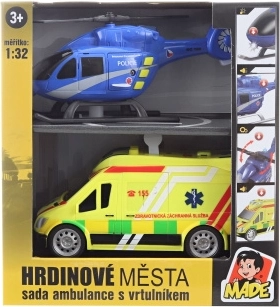Set de rescate con ambulancia y helicóptero con luces y sonido
