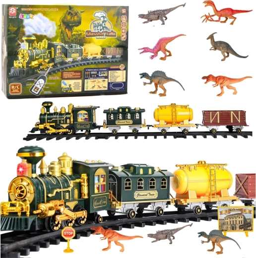 Circuito clásico de tren eléctrico con dinosaurios y control remoto RC, luces, sonidos y humo – 39 piezas