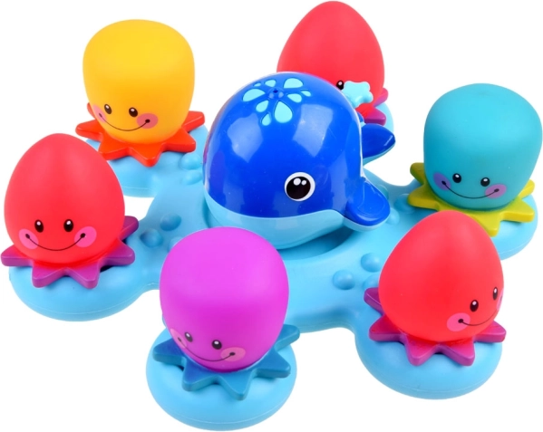Juguetes mágicos para el baño: ballena y pulpos sobre una plataforma flotante