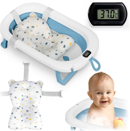 Bañera infantil plegable con termómetro e inserto para recién nacidos, blanco y azul