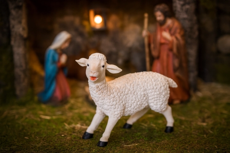 Figura decorativa de oveja de polirresina de 29 cm para belén y decoración navideña