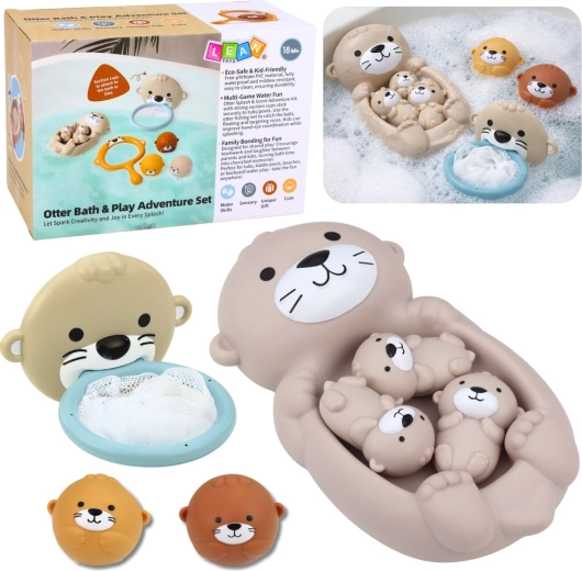 Set de juguetes de baño familia de nutrias con cesta y pelotas, 7 piezas