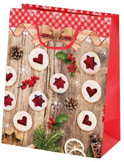Bolsa de regalo navideña de papel TORO con motivo de galletas linzer 23 × 18 × 10 cm