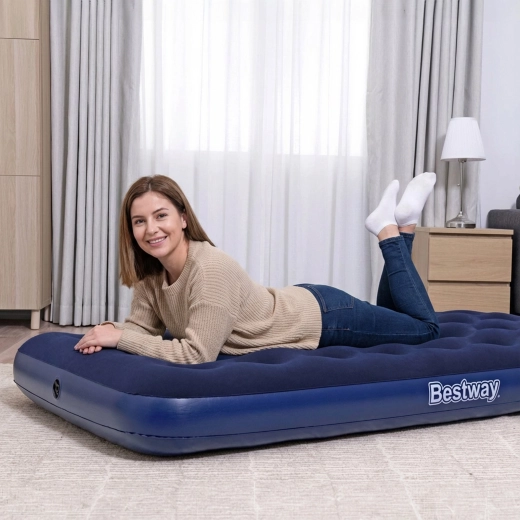 Colchón inflable individual con superficie aterciopelada azul 188 × 99 × 22 cm