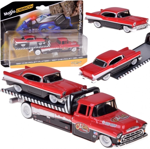 Set metálico Maisto 1:64 – grúa CHEVROLET Flatbed 1957 y CHEVROLET Bel Air