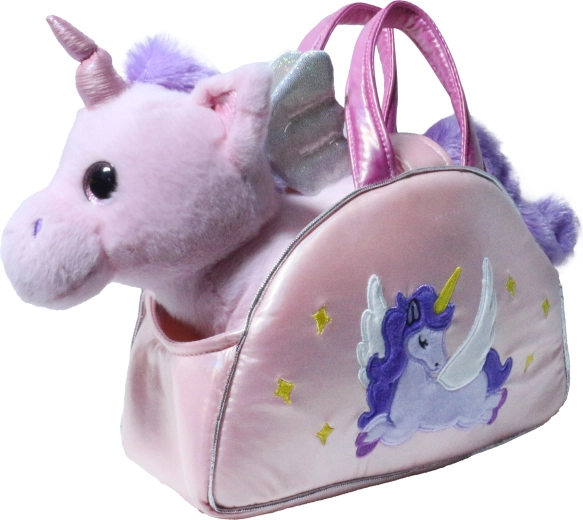Unicornio de peluche rosa en bolso brillante