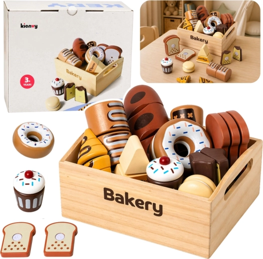 Mini panadería de madera: set de bollería con velcro en una caja (10 piezas)