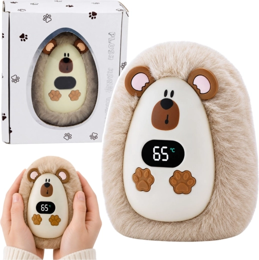 Calentador de manos de peluche recargable erizo con pantalla de temperatura (USB‑C)