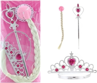 Set de belleza infantil con trenza rubia, corona y cetro