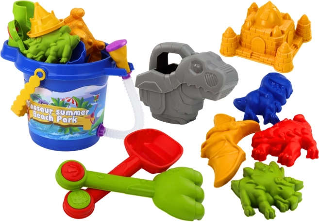Set de arena de dinosaurios con cubo con ducha, pala, rastrillo y moldes