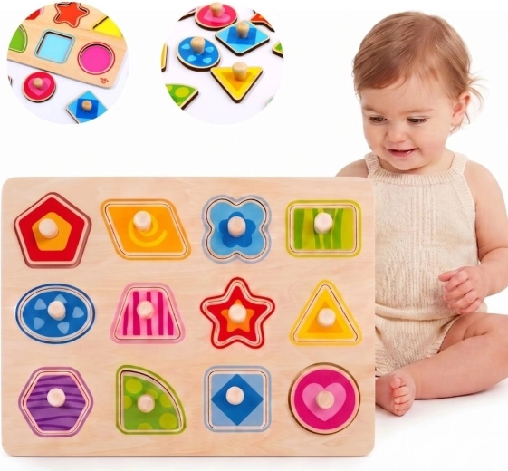 Tooky Toy Montessori rompecabezas encajable de madera con formas y asas - 1 pieza