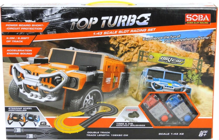 Pista de coches 3 m con dos coches todoterreno, adaptador y mandos tipo volante con sonido