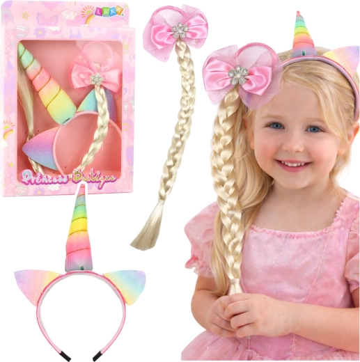 Set de diadema y goma con trenza Unicornio, lazo pastel