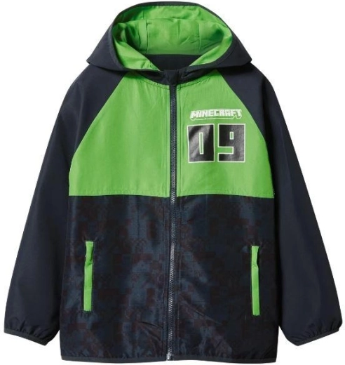 Chaqueta infantil de material impermeable de Minecraft negra y verde – Talla: 110-116