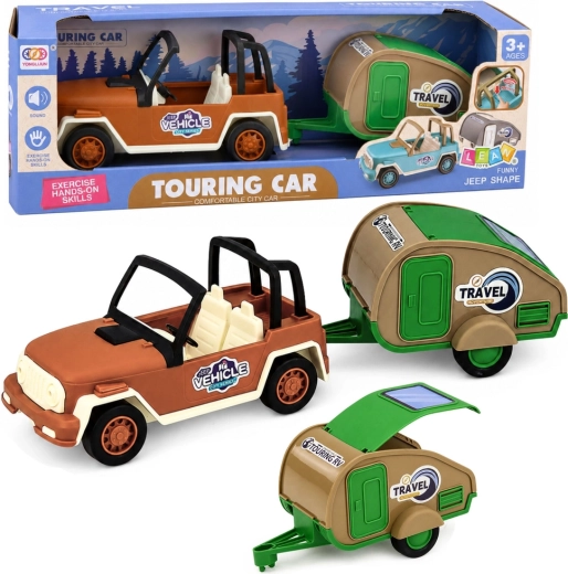 Coche todoterreno con caravana con efectos de sonido (conjunto verde-marrón)