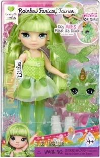 Rainbow High pequeña hermanita hada Emerald – muñeca verde con alas y mascota