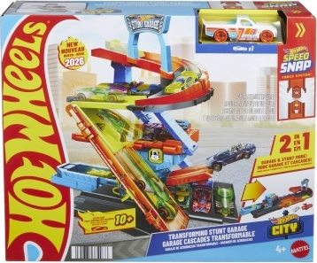 Hot Wheels City garaje de acrobacias en cascada, aparcamiento de 3 niveles
