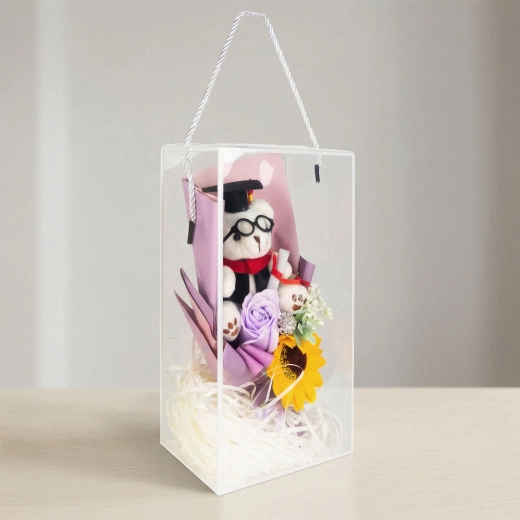 Decoración artificial con girasol y osito en caja de regalo