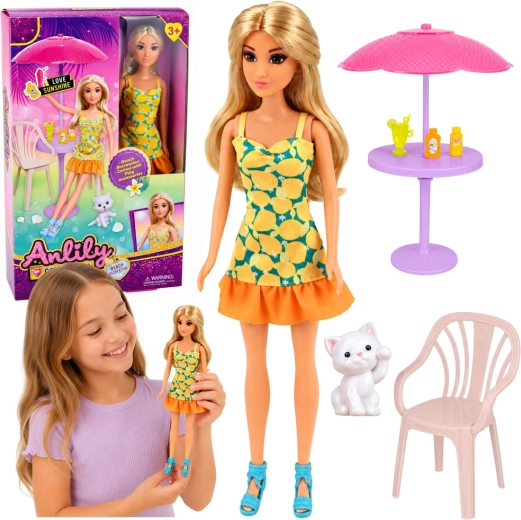 Muñeca de moda Anlily con vestido amarillo con muebles de jardín, sombrilla y gatita