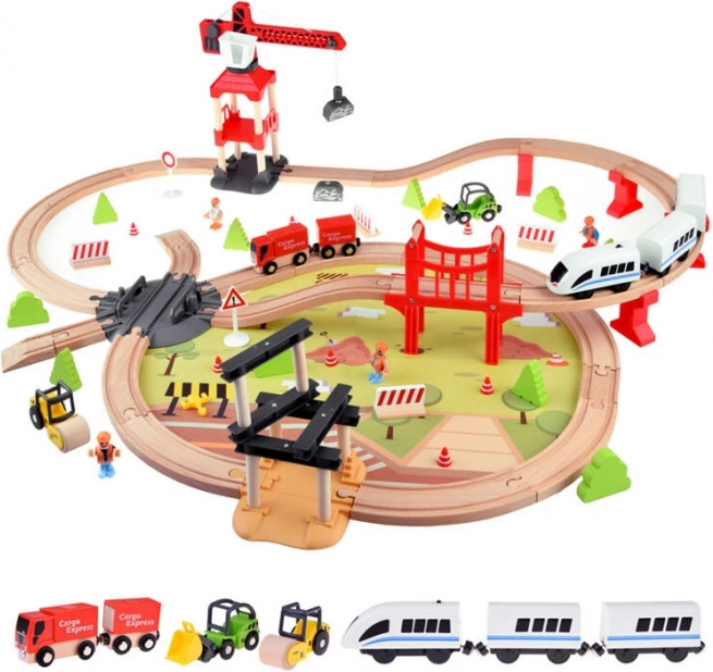 Set de tren de madera con grúa y set de construcción