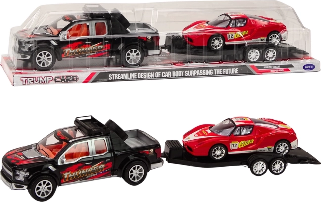 Pickup con remolque y coche deportivo rojo – set con mecanismo de inercia