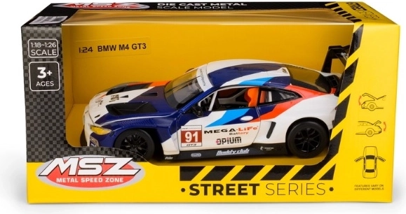Modelo de coche de carreras BMW M4 GT3 a escala 1:24 en azul y blanco