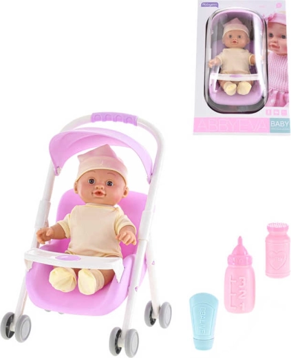 Muñeca bebé en cochecito con sonidos y accesorios 24 cm