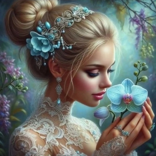 Pintura de diamantes Niña con orquídea 30x40 cm