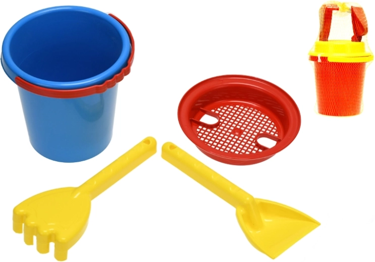 Set infantil para arena en red (cubo, tamiz, pala, rastrillo) 14 cm